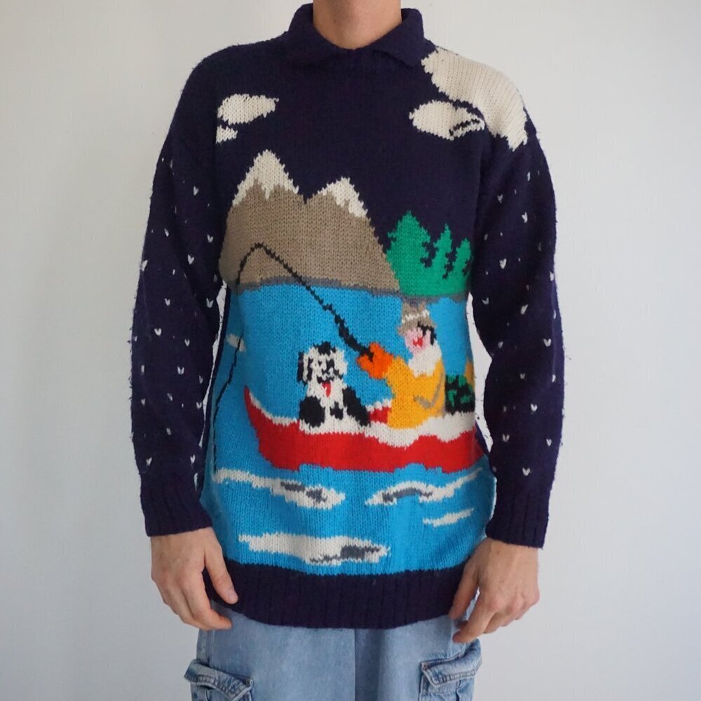 Vintage Merona Navy Wool Canoe Fishing Graphic Sweater Cabincore Eclectic Small